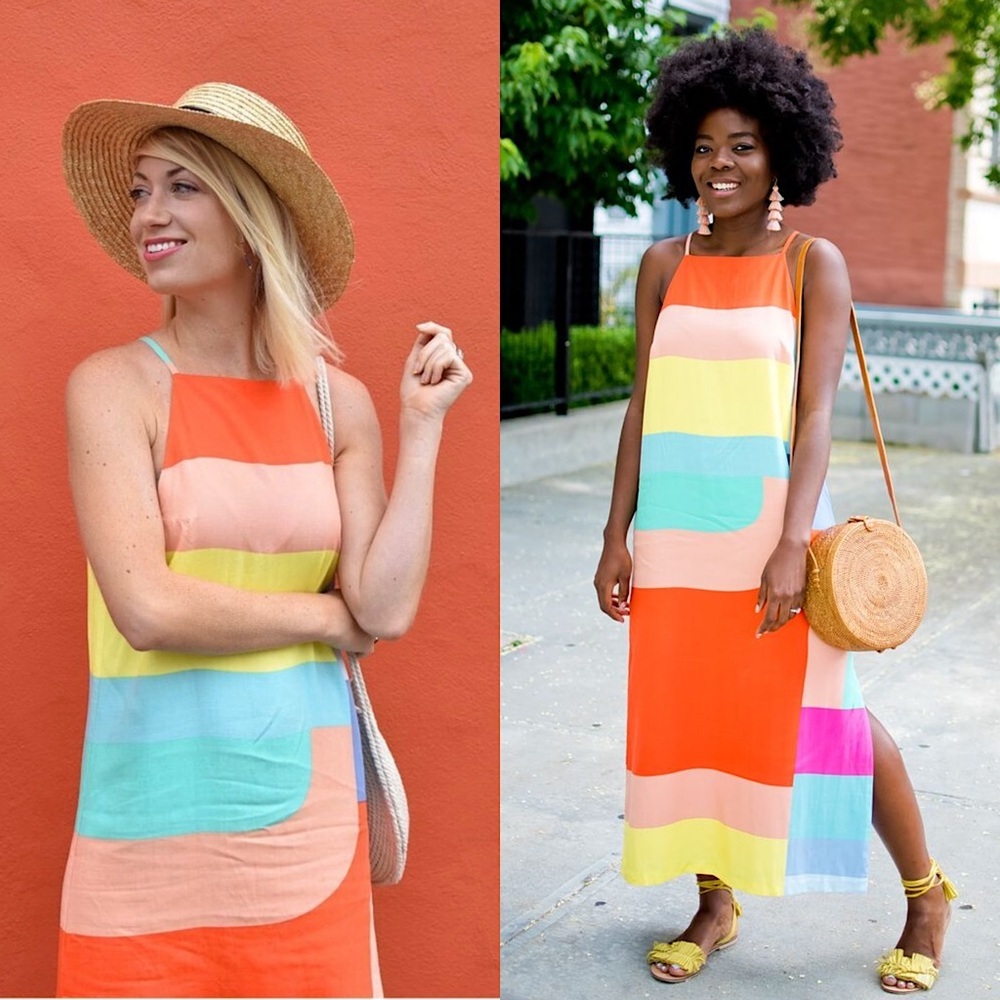 MARA HOFFMAN 70s Geometric Colorblock Print Sleeveless Halter Neck Midi Dress XS
